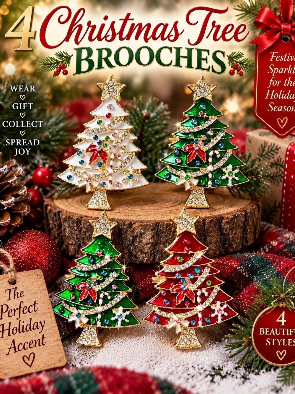 Holiday Christmas Tree Brooch Set — Red, Green & White Festive Pins